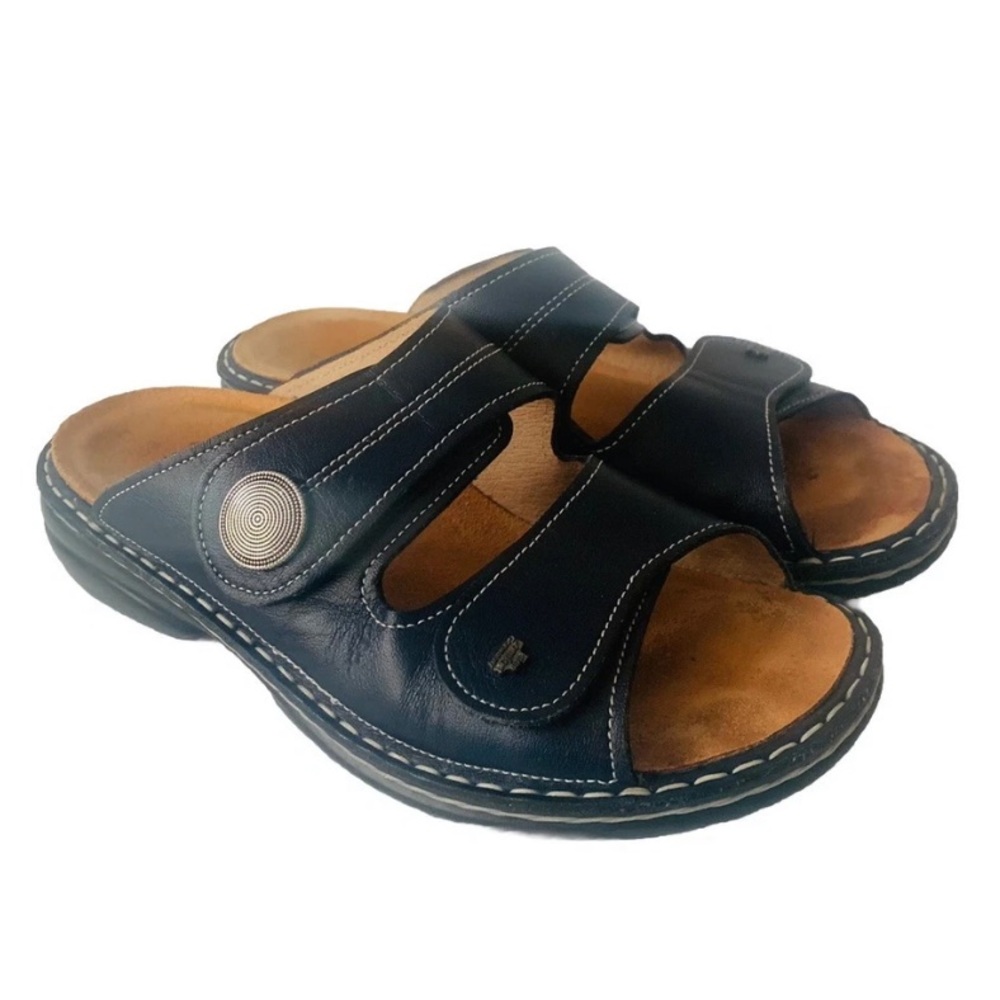 Finn Comfort Navy Blue Leather Adjustable Double Strap Slide Sandals Size EU 38